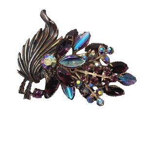 Vintage Aurora Borealis Crystal Purple Rhinestone Brooch Pin 2.5" Floral Design